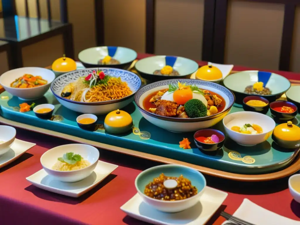 Una mesa real coreana ricamente decorada con una variedad de platos coloridos exhibiendo la artesanía de la Cocina de la Corte Coreana