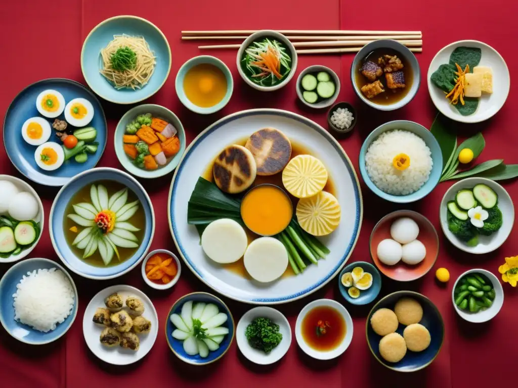 Una mesa tradicional coreana para el Año Nuevo Lunar, llena de platos vibrantes y simbólicos, decorada con arreglos florales y elementos tradicionales