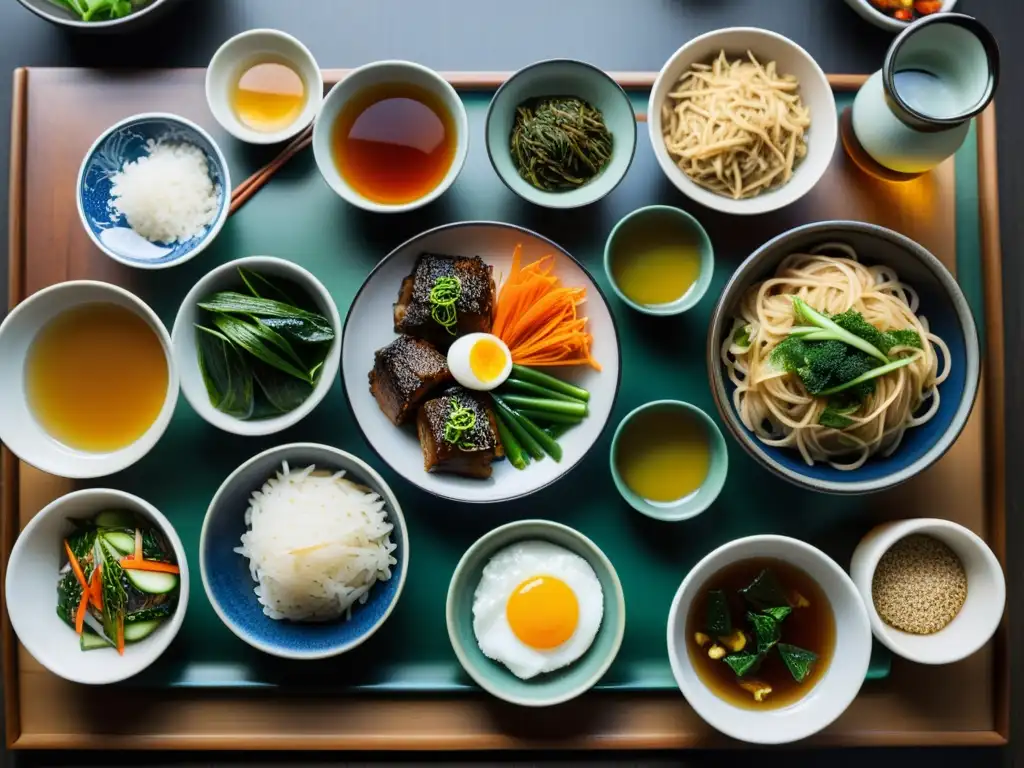 Una mesa tradicional coreana con japchae y bebidas perfectamente combinadas, evocando armonía y equilibrio