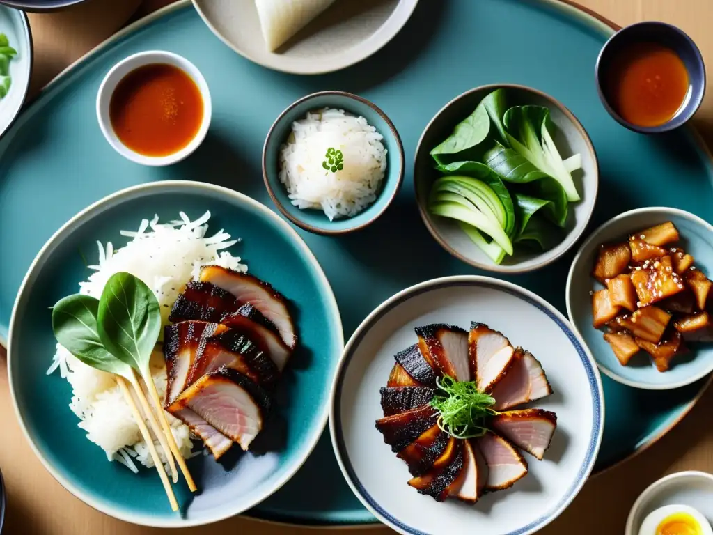 Una mesa tradicional coreana con bossam, la manera coreana de comer, con vibrantes colores y texturas de la comida y vajilla elegante