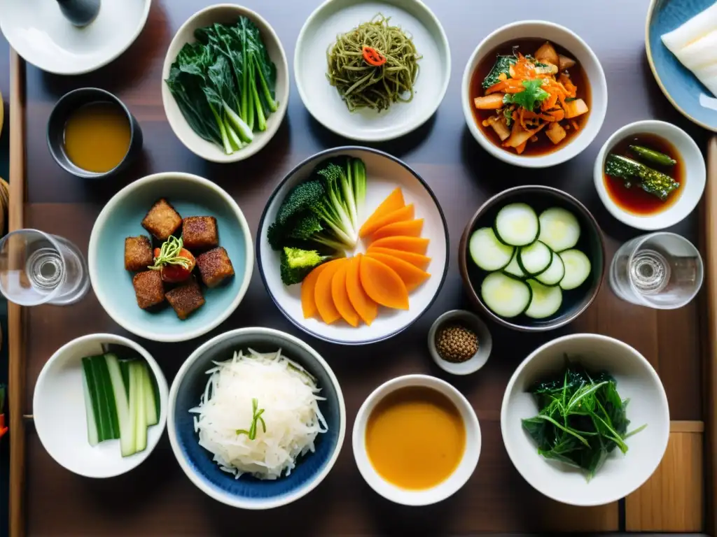 Una mesa tradicional coreana con banchan coloridos y vinos, en un ambiente acogedor de cocina coreana gourmet sabores intensos