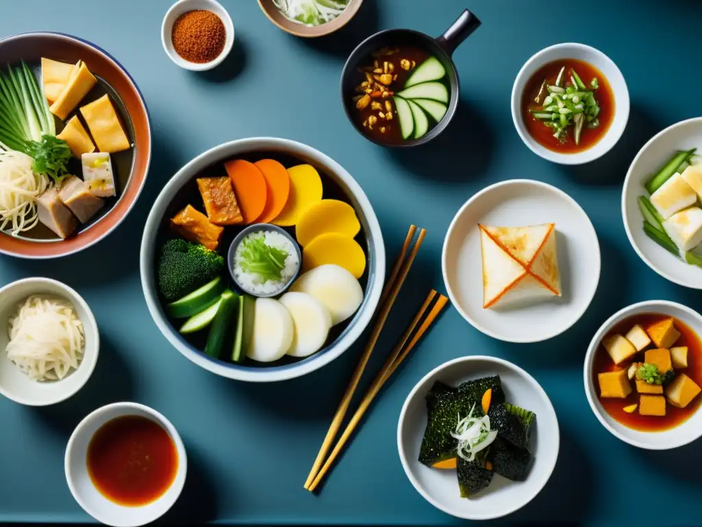 Una mesa tradicional coreana con banchan coloridos y cerámica elegante, junto a un reconfortante doenjang jjigae