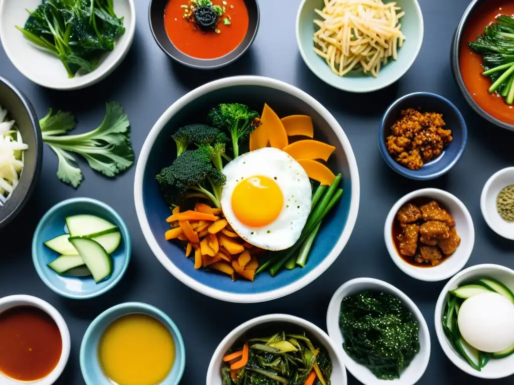 Una mesa tradicional coreana con deliciosos platos coloridos y un bol de bibimbap humeante