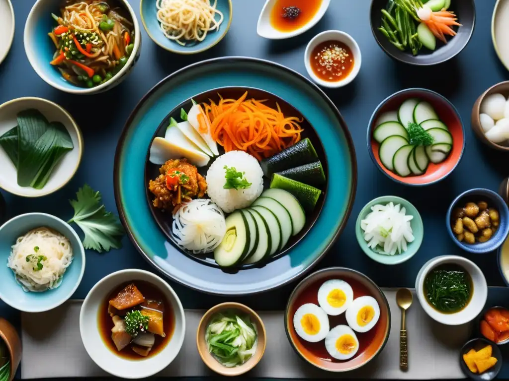 Exquisita mesa tradicional coreana con jeotgal y kimchi Una mesa tradicional coreana con jeotgal, ensaladas fermentadas coreanas jeotgal, muestra la riqueza cultural y la artesanía culinaria