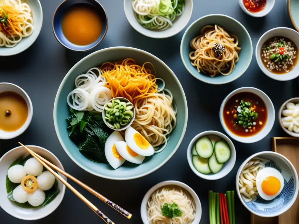 Una mesa tradicional coreana con Fideos Janchi Guksu celebración coreana, cerámica elegante y luz cálida