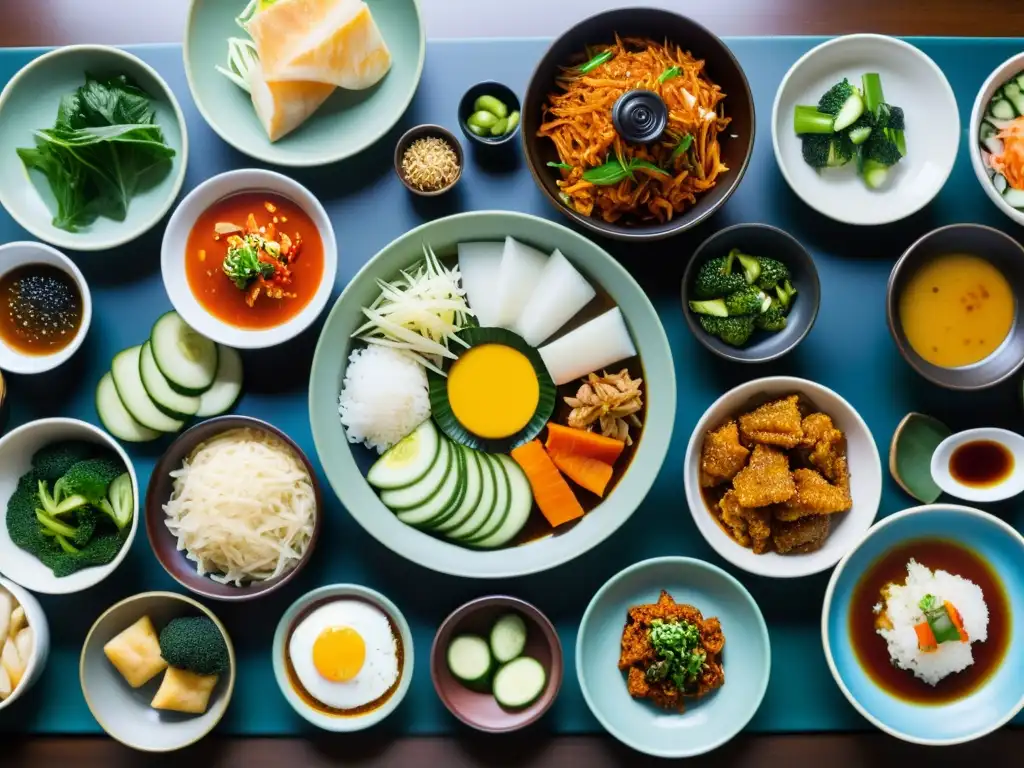 Una mesa tradicional coreana llena de coloridos platos de banchan, como kimchi y namul, resaltando la tradición banchan: platos sabores asiáticos