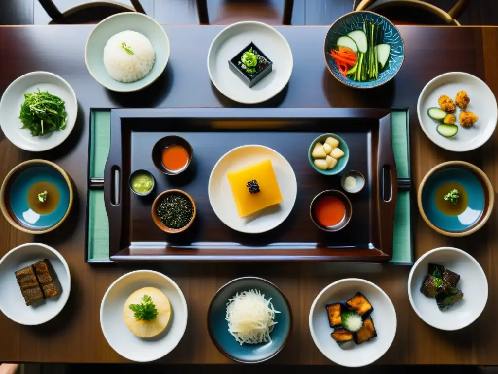 Una mesa tradicional coreana llena de banchan en una variedad de colores y formas, destacando la filosofía de la variedad en Banchan