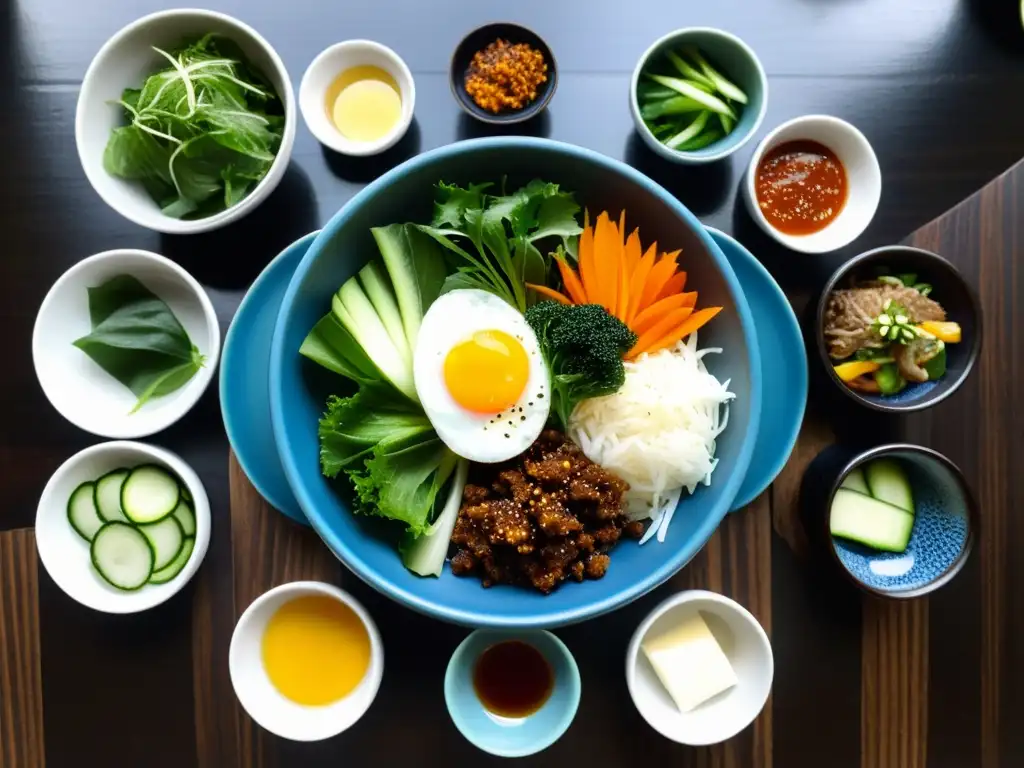 Una mesa tradicional coreana con platos de colores rodeados por hojas verdes, y un delicioso bibimbap en un bol de piedra