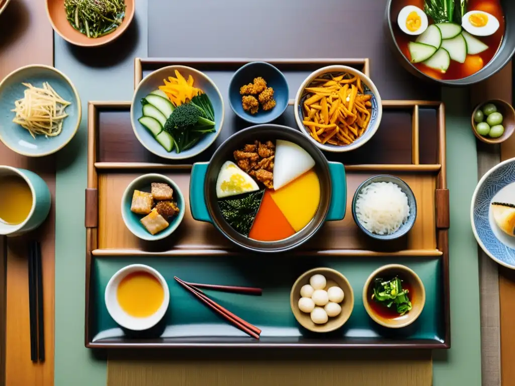 Una mesa tradicional coreana con sabores intensos de la cocina gourmet, bañada por el cálido resplandor del atardecer