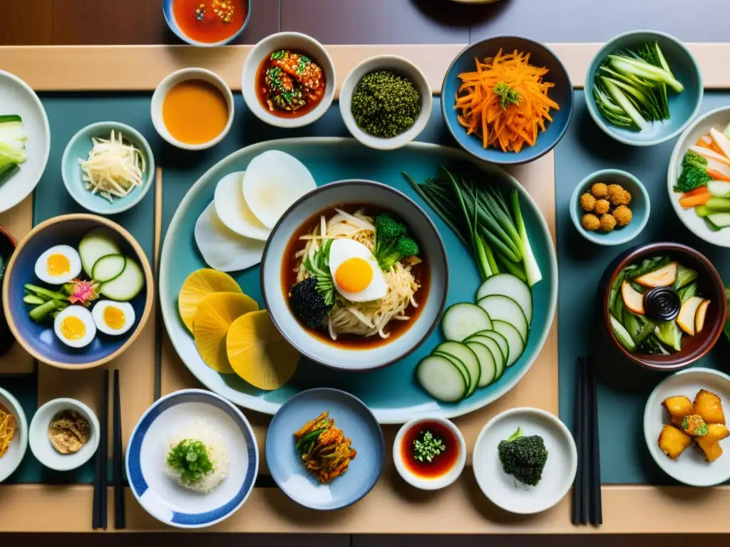 Una mesa tradicional coreana con una variedad de platos de banchan coloridos, que reflejan la filosofía de la variedad en Banchan en la cocina coreana