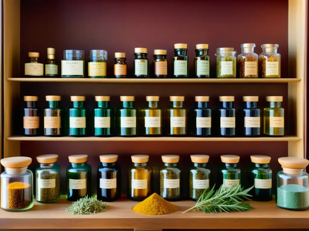Tabla de alquimia para cuidado de la piel de Oriente: ingredientes naturales y colores vibrantes Una mesa de alquimista tradicional con hierbas secas, extractos botánicos y ingredientes para el cuidado de la piel de culturas orientales