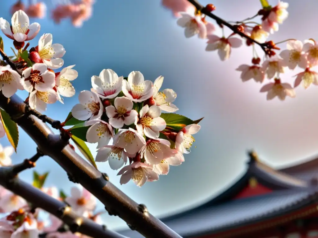 Metáforas florales literatura japonesa: Detalle de flores de cerezo en plena floración con luz suave y arquitectura japonesa al fondo