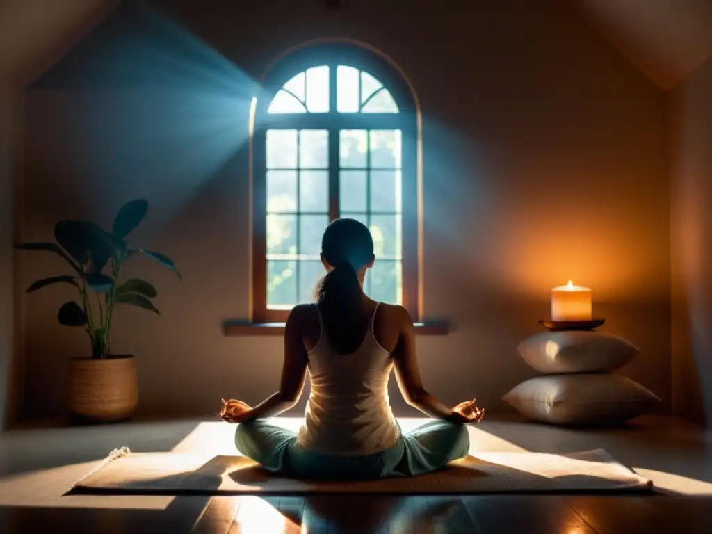 Meditación Metta: persona meditando en una habitación serena, iluminada por luz suave