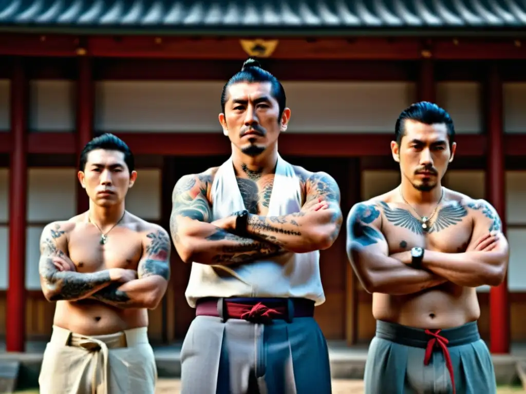 Miembros de la Yakuza en atuendo tradicional, con tatuajes y expresión seria, frente a edificio japonés