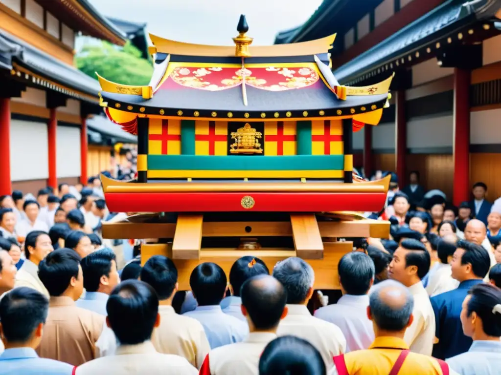 Un mikoshi japonés es llevado por las calles durante el festival Matsuri Gion en Kyoto, mostrando la exploración del Pantheon Japonés