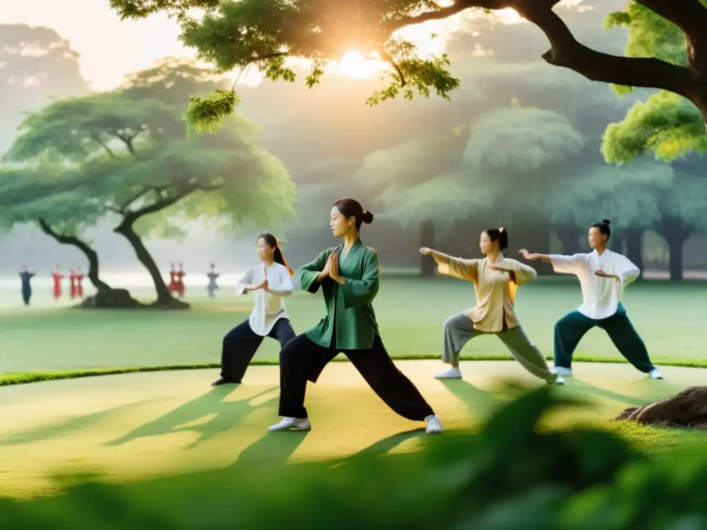 Práctica milenaria del Tai Chi al amanecer en un parque verde, evocando armonía y bienestar