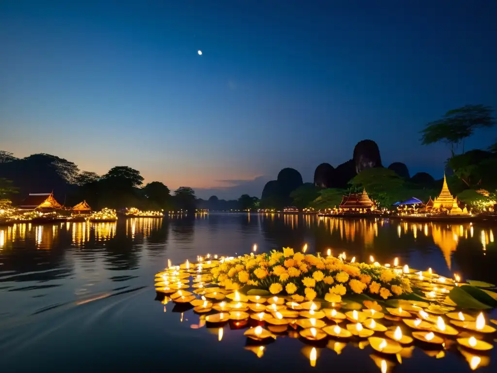 Misterios Loi Krathong Tailandés: Imagen documental de un río tailandés sereno de noche con krathongs flotando, reflejo de velas y templos en silueta