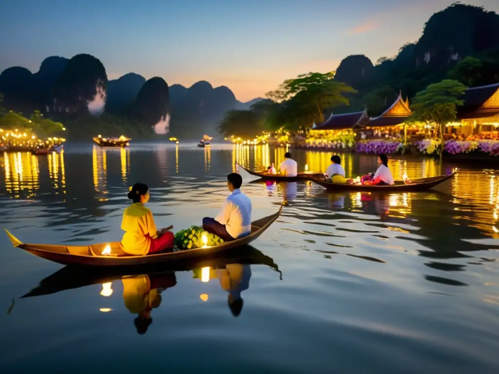 Misterios Loi Krathong Tailandés: Imagen de la serena belleza del festival, con gente flotando krathongs en el río al anochecer