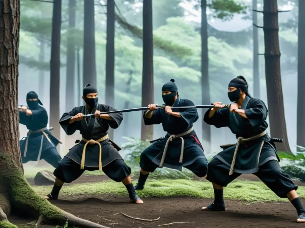 En la misteriosa oscuridad del bosque antiguo, los ninjas practican sigilosamente el arte milenario del ninjutsu