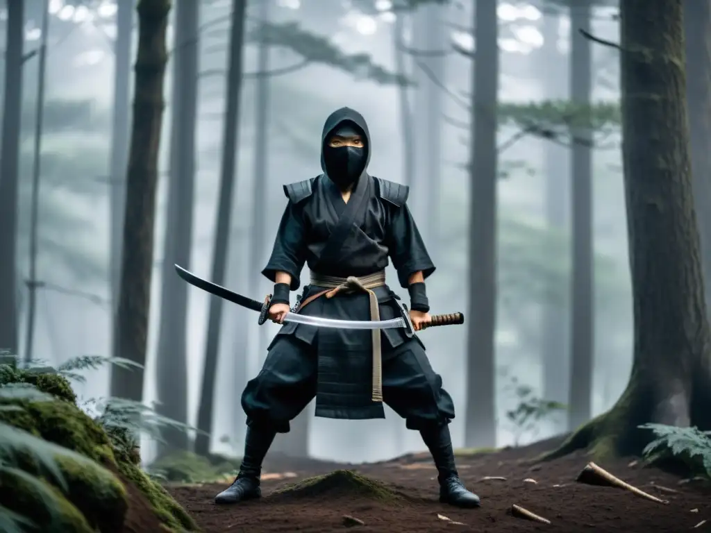 Un misterioso ninja japonés en un bosque brumoso con katana y shuriken