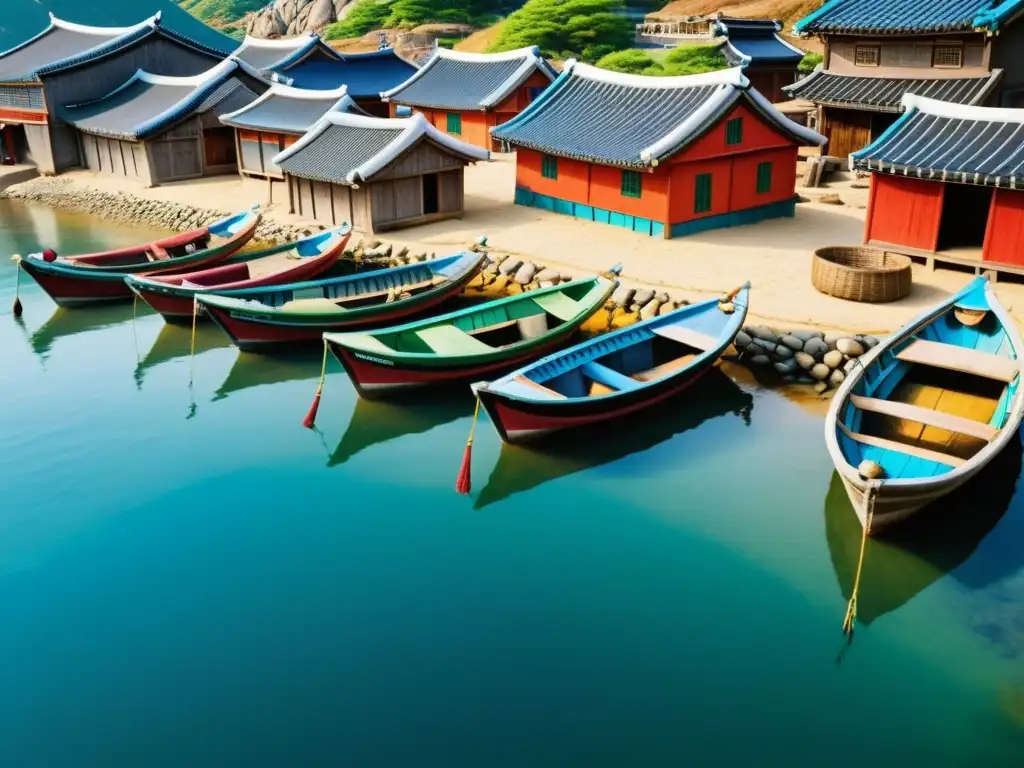 Misterioso pueblo pesquero coreano con barcos de madera y pescadores secando Hwangtae al sol