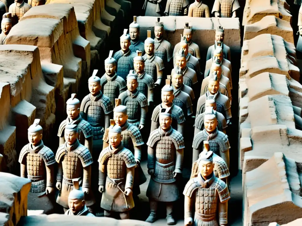Los misteriosos guerreros de terracota en China, filas de soldados de arcilla a tamaño real en formación de batalla, con detalles de armaduras y armas
