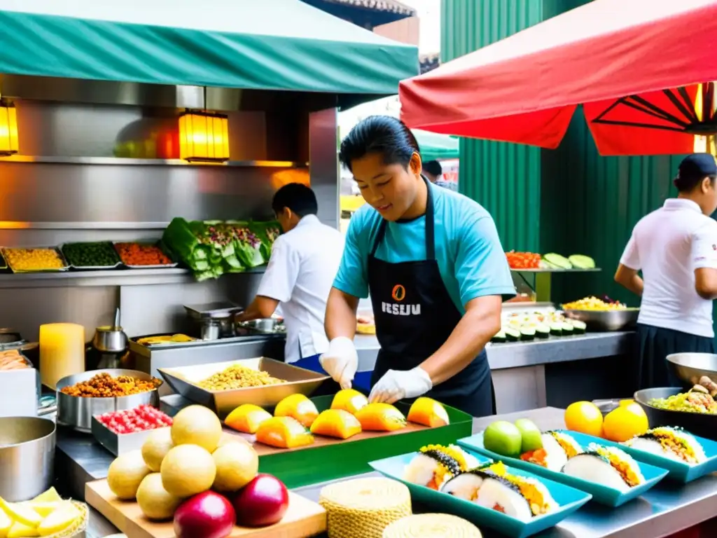 Mitsuharu Tsumura preparando platos Nikkei en un bullicioso puesto callejero en Lima, Perú, entre colores vibrantes y frutas exóticas