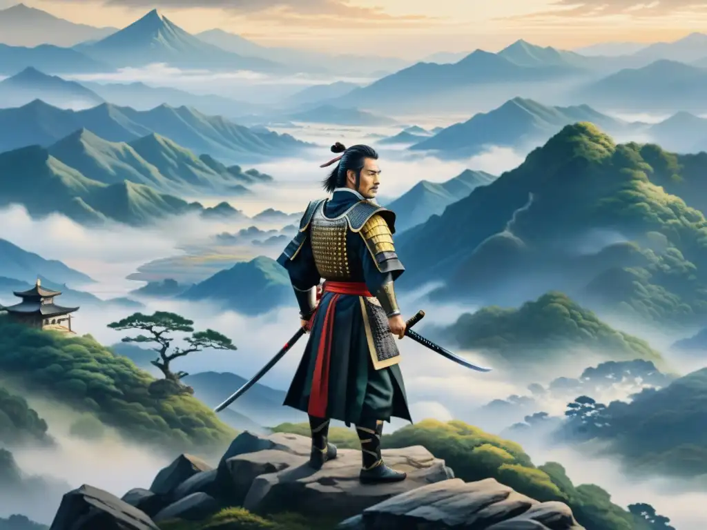 Miyamoto Musashi en armadura samurái, con katana en la mano, en un paisaje montañoso neblinoso