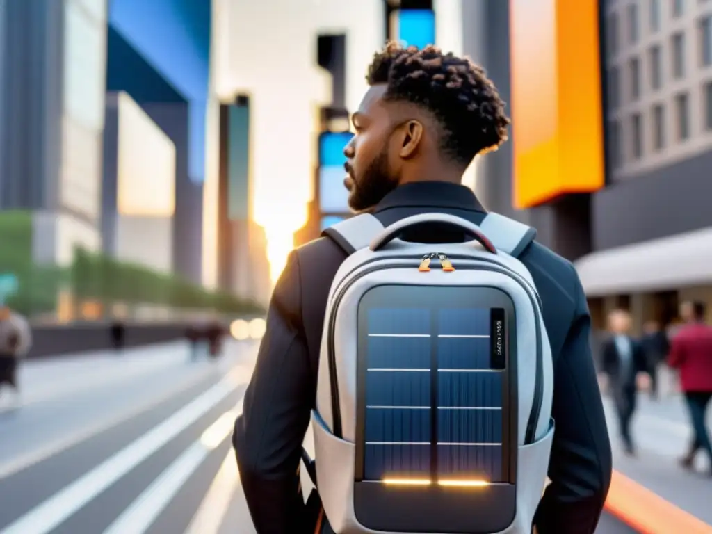 Mochila solar innovadora integrada en la vida urbana de Asia, capturando la energía del sol en la bulliciosa ciudad