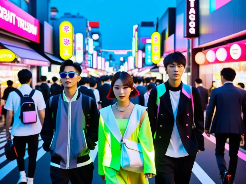 Moda asiática y tecnología portátil se fusionan en una bulliciosa calle de Harajuku, Tokio, con jóvenes vistiendo innovadores diseños