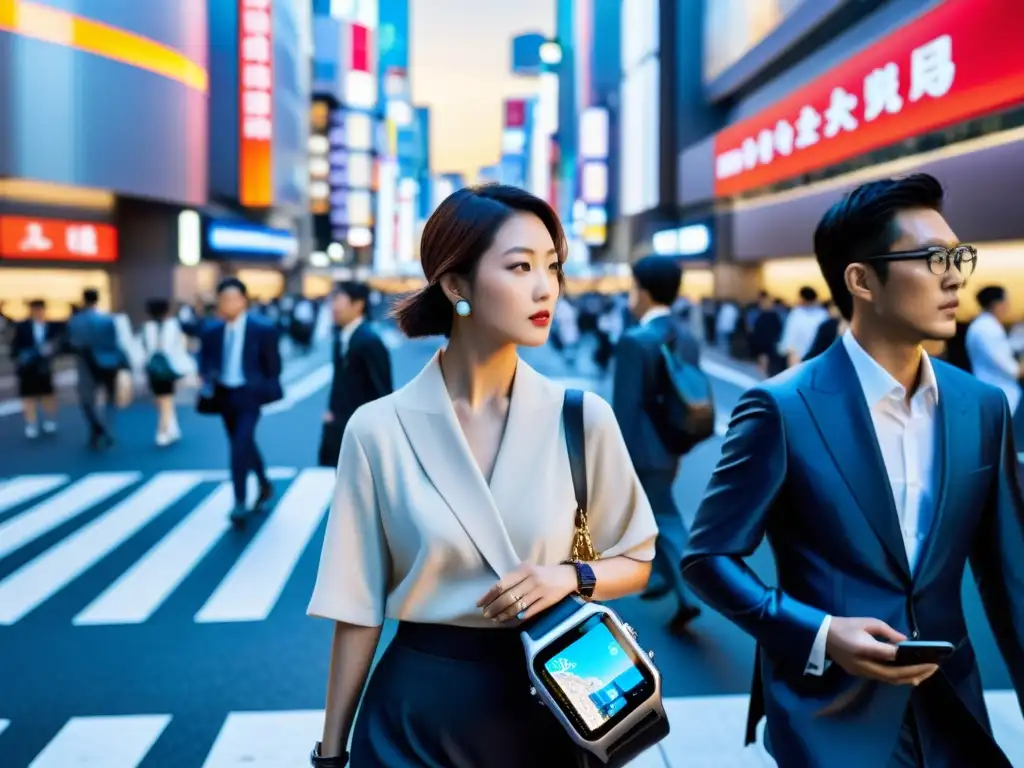 Moda asiática tecnología portátil: Grupo elegante en las bulliciosas calles de Tokyo, fusionando moda y tecnología en un escenario urbano vibrante