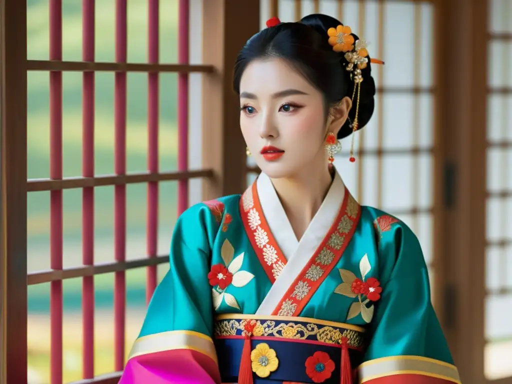 Moderna reinterpretación del hanbok: fusión de tradición y moda Resurrección del Hanbok en moda: Fotografía documental de un hanbok contemporáneo, con detalles ornamentados y una paleta de colores vibrante