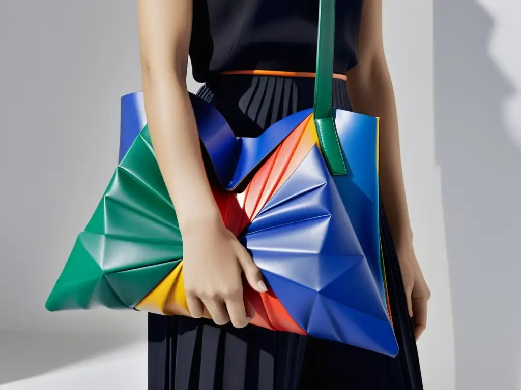 Una modelo sostiene un bolso Issey Miyake con diseño geométrico y colores vibrantes