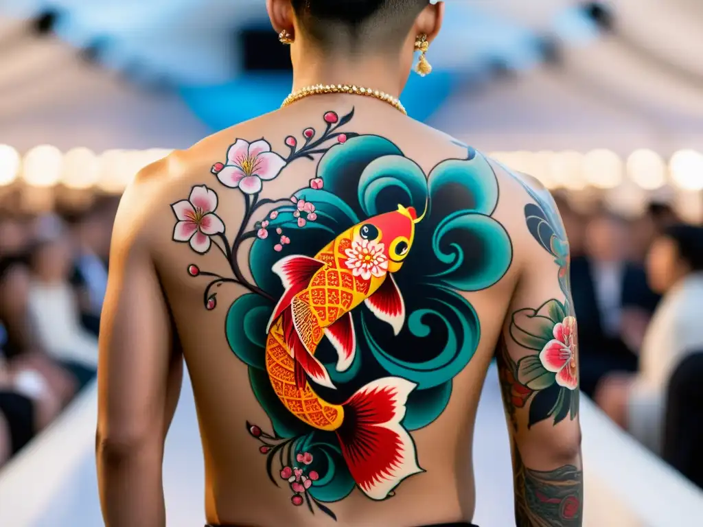 Una modelo desfila con un elaborado tatuaje asiático en la espalda en un prestigioso desfile de moda, fusionando arte asiático con moda internacional