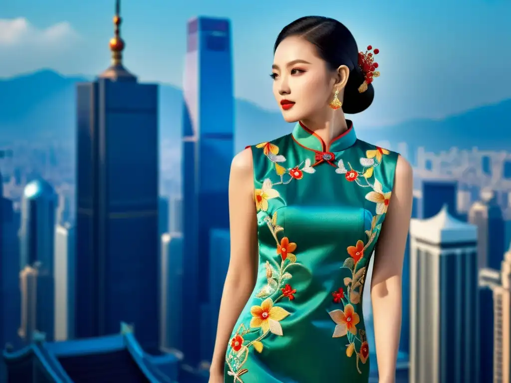 Una modelo lleva un elegante cheongsam chino en una ciudad moderna