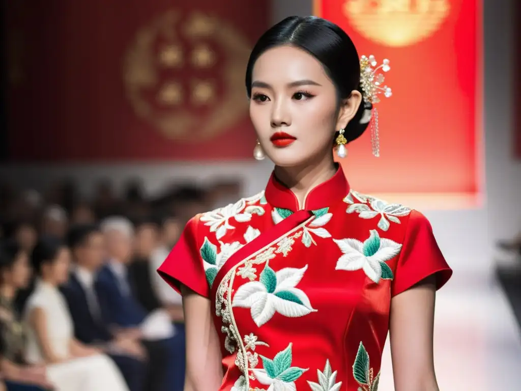 Modelo desfila con elegante qipao rojo, resaltando la moda tradicional asiática en desfiles de moda