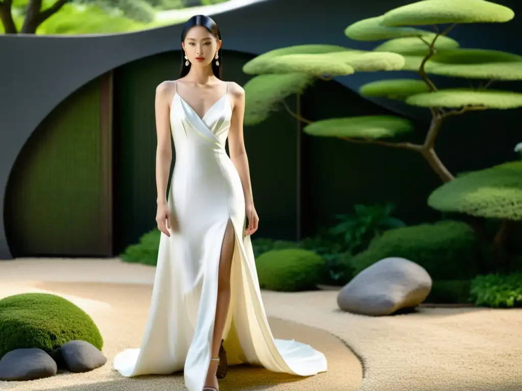 Una modelo viste un elegante vestido de seda blanco en un jardín japonés sereno