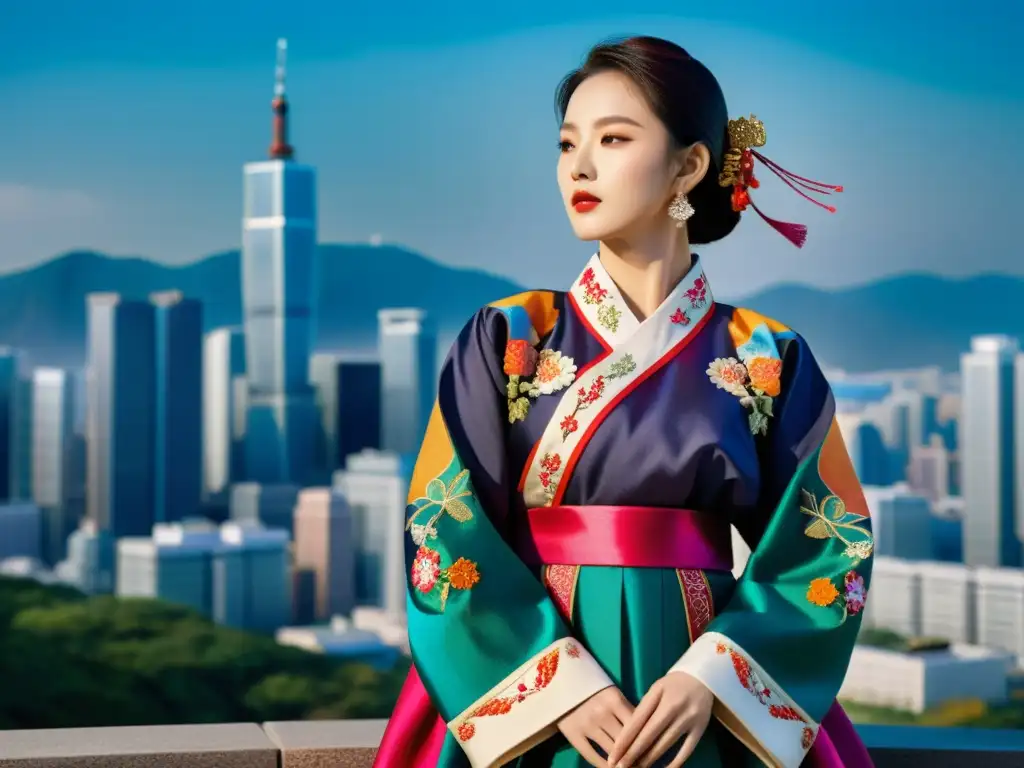 Una modelo luce un hanbok tradicional coreano frente a una ciudad moderna, representando la moda de lujo coreana moderna