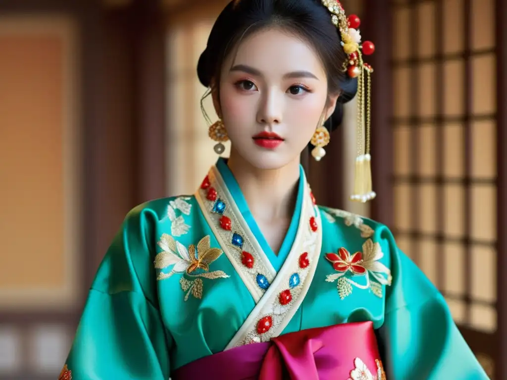 Una modelo luce un impresionante hanbok, moda tradicional asiática en desfiles