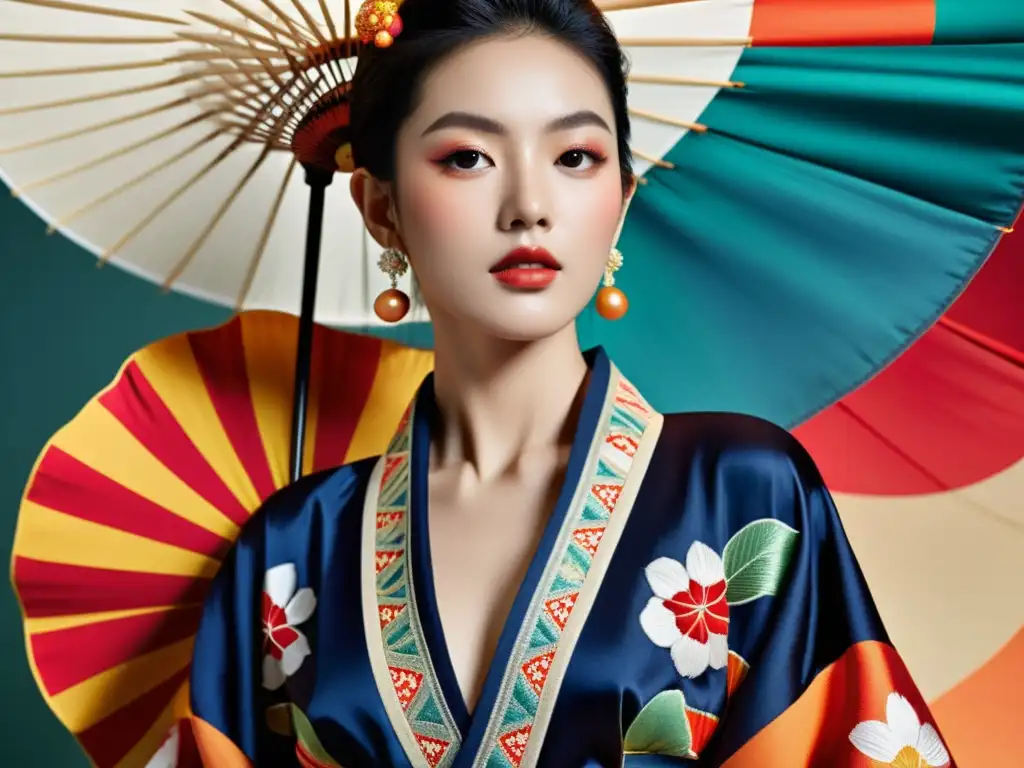 Una modelo viste un kimono moderno con patrones intrincados, fusionando lujo tradicional japonés con estilo contemporáneo