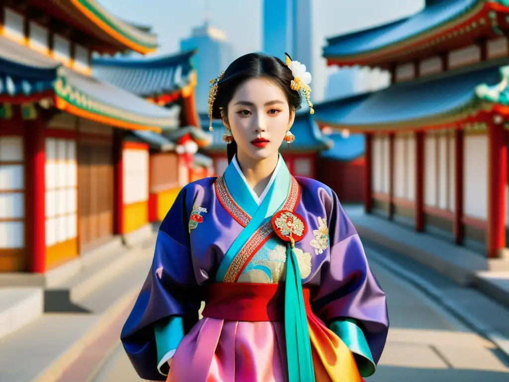 Modelo de moda de lujo coreana moderna viste hanbok tradicional en bulliciosa calle de Seúl, fusionando elegancia ancestral con un toque contemporáneo