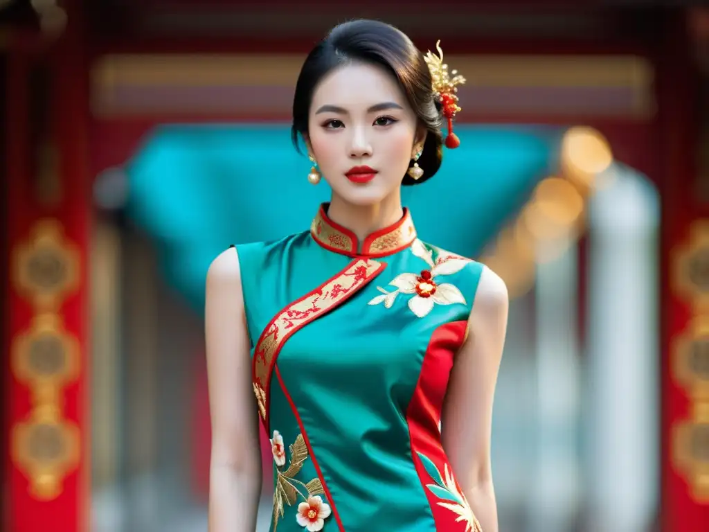 Modelo occidental desfila con elegancia en un moderno Cheongsam, fusionando moda china y occidental en la pasarela