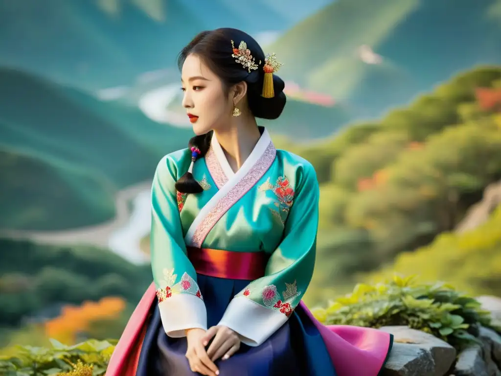 Modelo viste Hanbok tradicional en paisaje coreano, exuda elegancia atemporal y tradición del Hanbok para moda