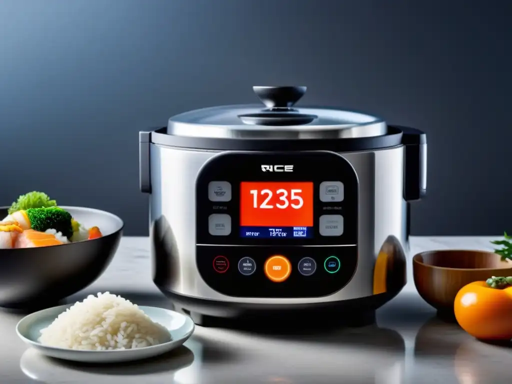 Moderno arroz japonés y gadgets asiáticos para cocina inteligente crean un ambiente hightech y minimalista