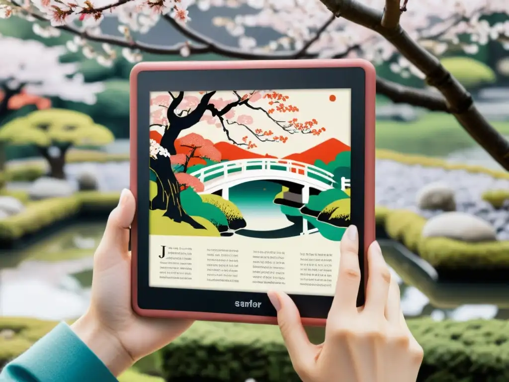 Un eReader moderno muestra un estampado de Ukiyoe en una serena escena japonesa, fusionando lo antiguo y lo nuevo