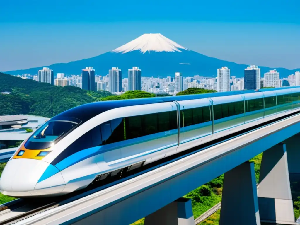 Un moderno y futurista tren maglev japonés deslizándose sin esfuerzo sobre su vía elevada, con la ciudad y el cielo azul de fondo