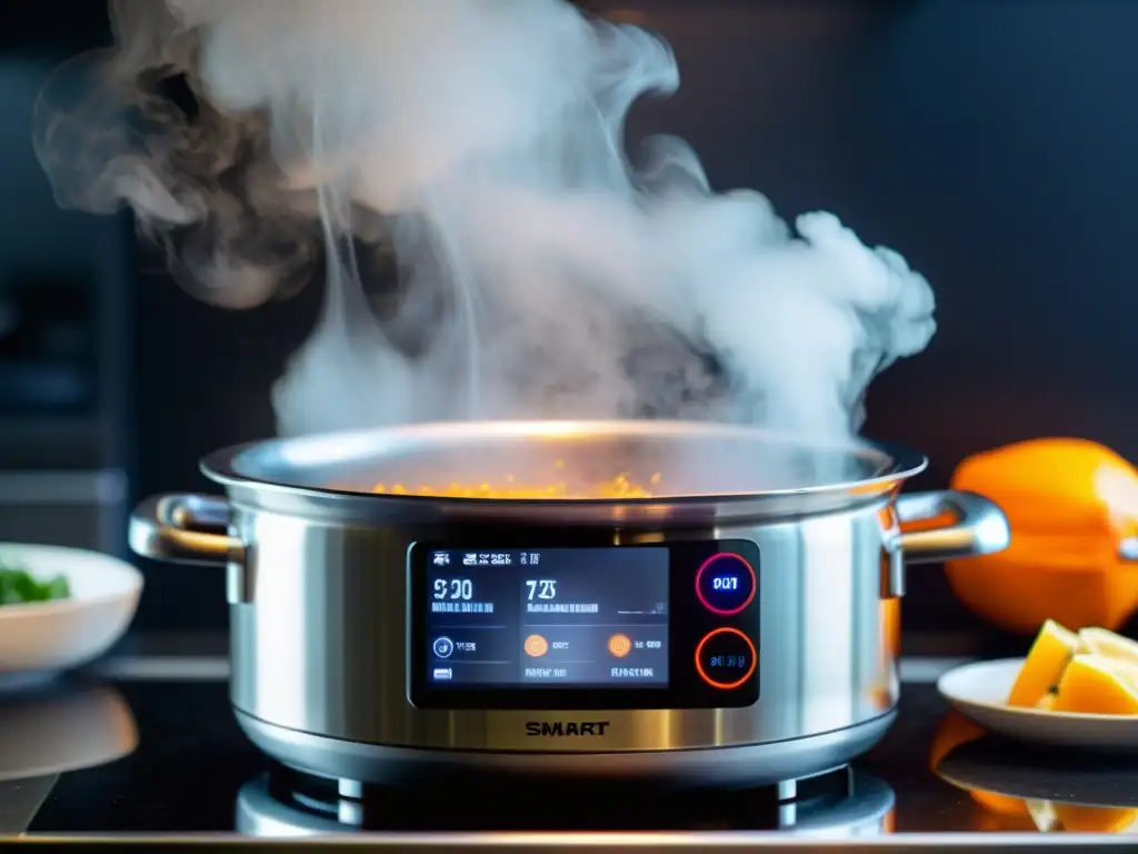 Un moderno gadget asiático para cocina inteligente en acción, creando una deliciosa receta tradicional mientras el vapor se eleva de la olla