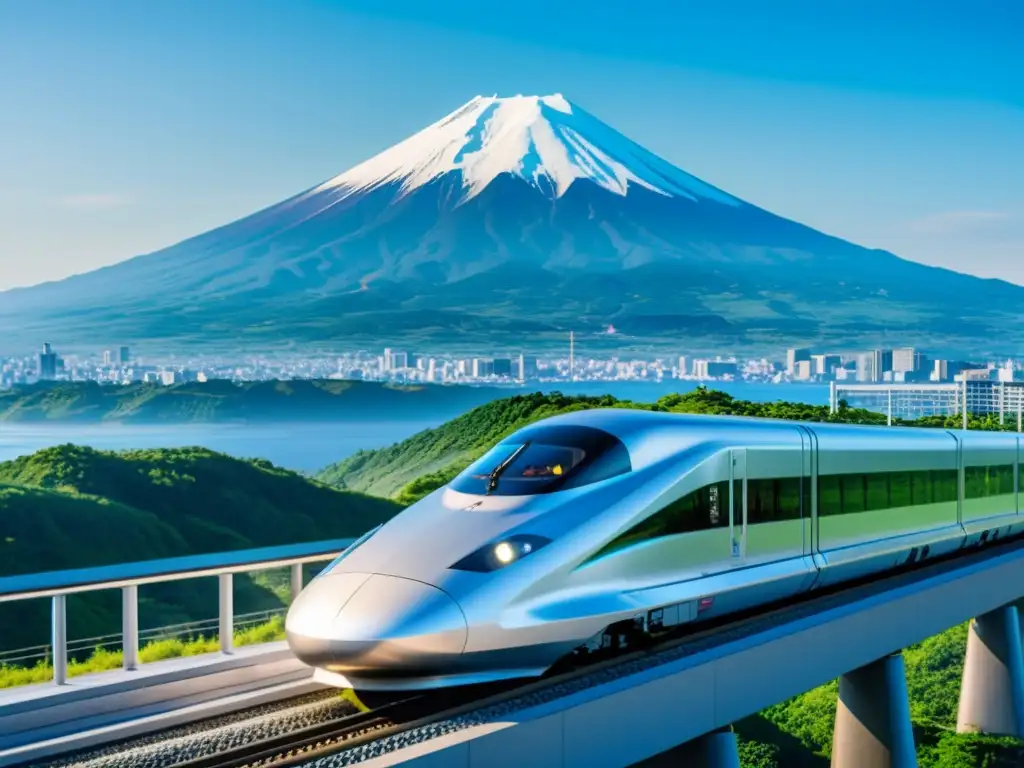 El moderno Maglev japonés en su vía elevada, con el icónico Monte Fuji de fondo