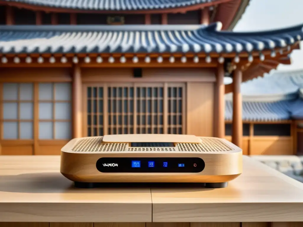 Un moderno router con diseño inspirado en la arquitectura asiática, en armonía con una casa hanok tradicional