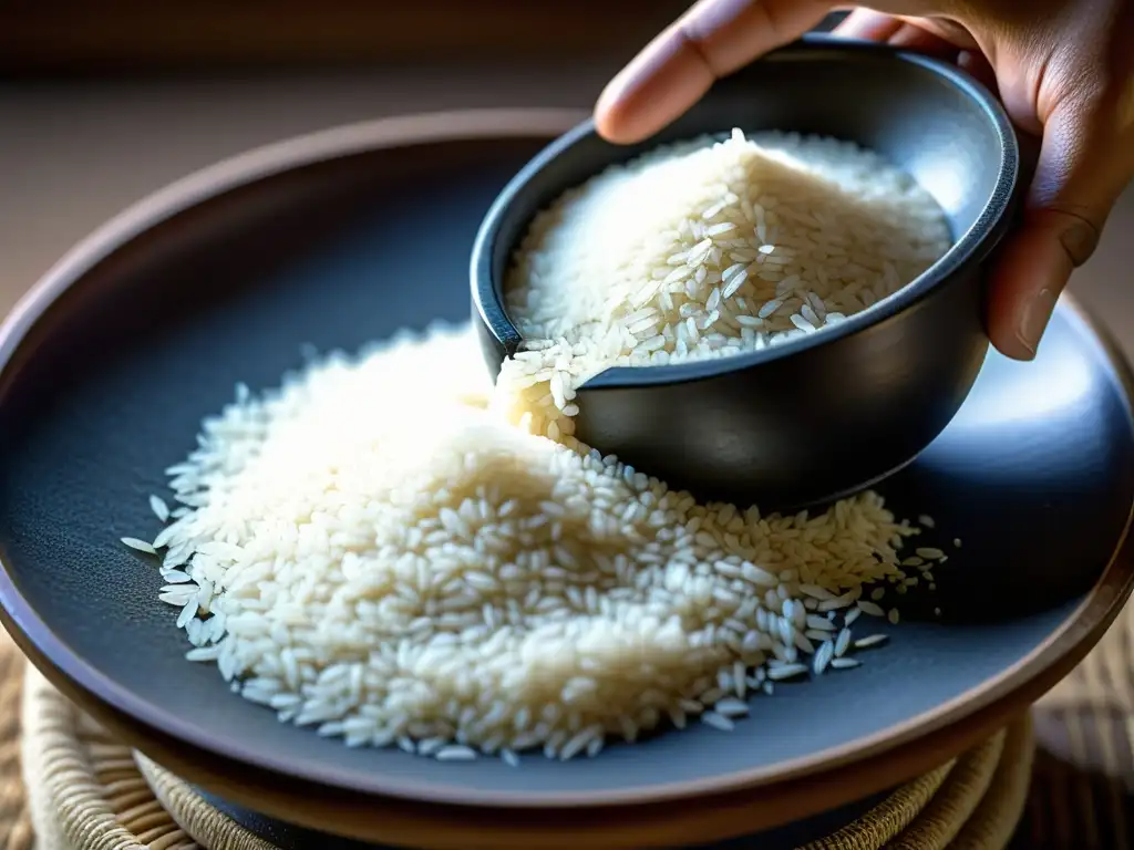 Un molino de piedra tradicional muele granos de arroz con luz matutina suave, resaltando la transformación en polvo sedoso